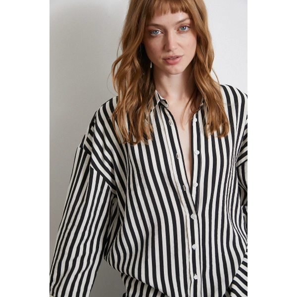 Çizgili T Kol Gömlek Siyah