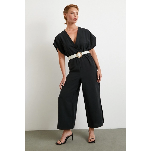 Kemer Detaylı Yarasa Kol Tulum Siyah