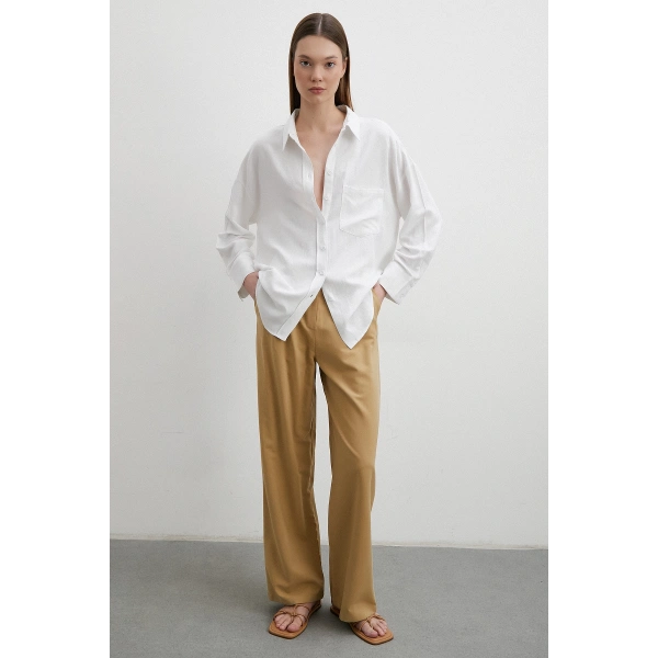 Keten Karışımlı Linen Prunes Gömlek Beyaz