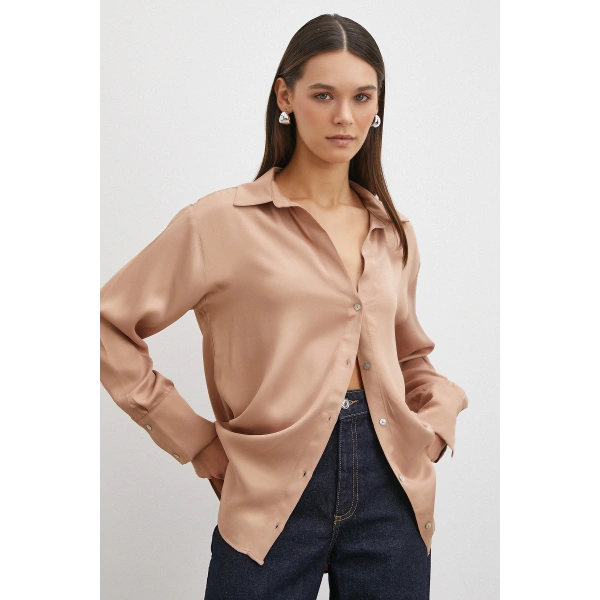 Viskon Saten Gömlek Somon