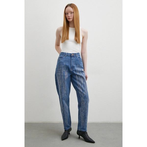 Taş İşlemeli Mom Jean Mavi