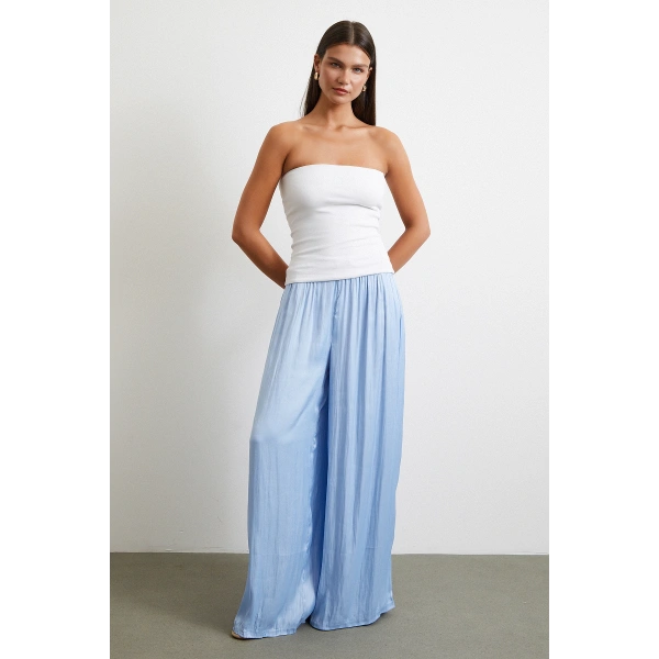 Beli Lastikli Geniş Paça Büzgülü Pantolon Mavi