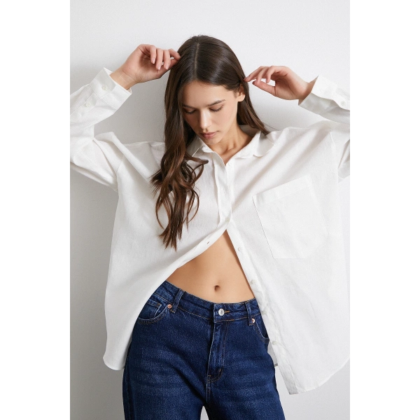 Cepli Oversize Keten  Gömlek Ekru