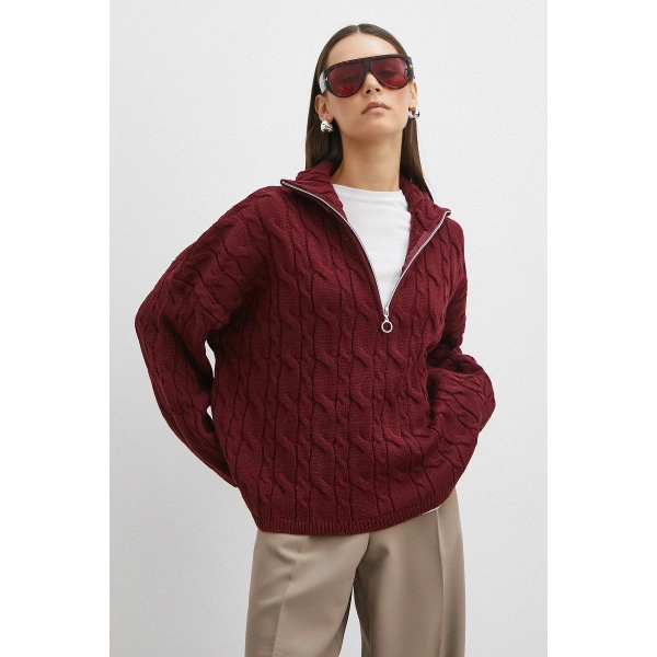 Saç Örgülü Yarım Fermuarlı Kazak Bordo