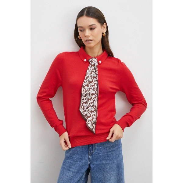 Fularlı Polo Yaka Kazak Kırmızı