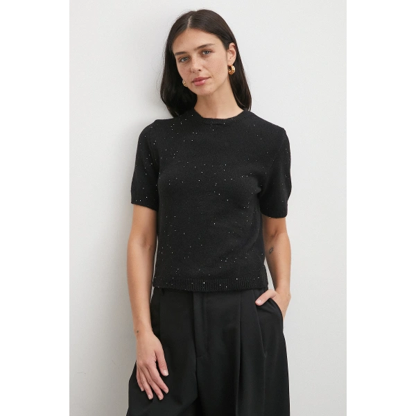 Simli Kısa Kol Kazak Siyah