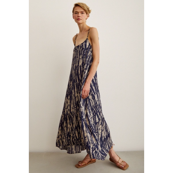 Boncuk Askılı Salaş Elbise Lacivert / Bej