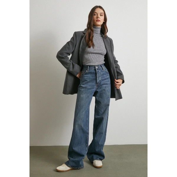 Yüksek Bel Beş Cepli Regular Fit Jean Lacivert