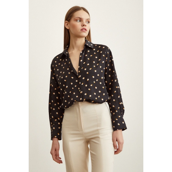 Puantiye Desenli Saten Gömlek Siyah