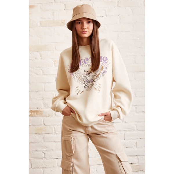Bisiklet Yaka Baskılı Sweatshirt Krem