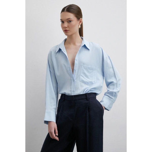 Keten Karışımlı Linen Prunes Gömlek Mavi