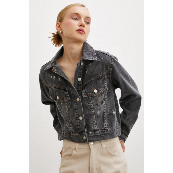 Sırtı Nakışlı Kot Mont Antirasit