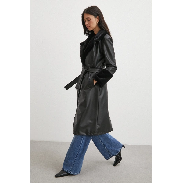 Kürklü Kuşaklı Deri Pardesü Siyah