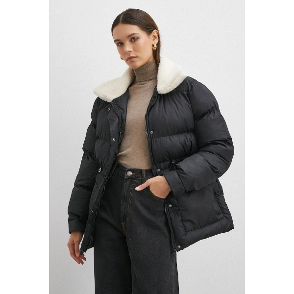 Kürk Yakalı Şişme Mont Siyah