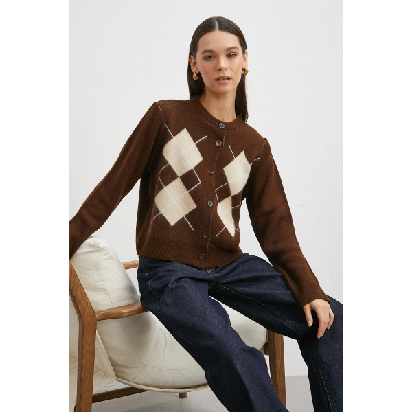 Düğmeli Baklava Desenli Hırka Kahve