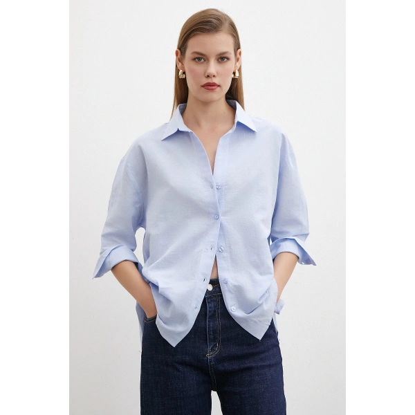 Yırtmaçlı Fakir Kol Gömlek Mavi