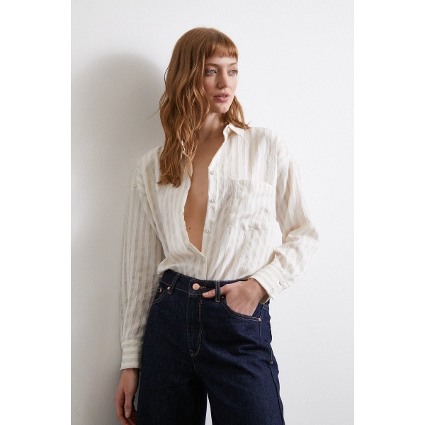 Multi Çizgili Cepli Gömlek Bej