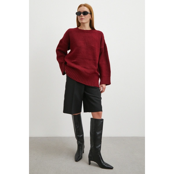 Bisiklet Yaka Fitilli Triko Kazak Bordo