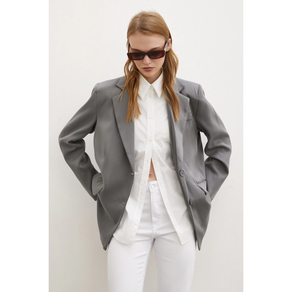 Cep Kapaklı Kesik Detaylı Blazer Ceket Gri