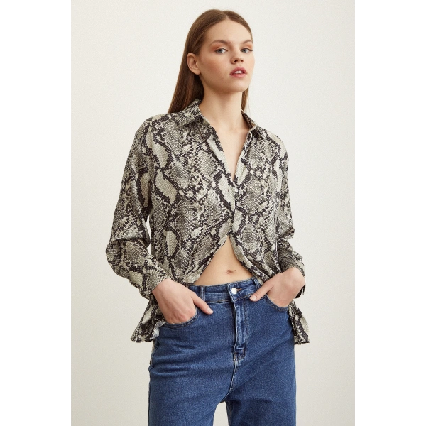 Yılan Desen Saten Gömlek Taş