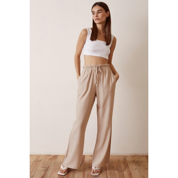 Beli Lastikli Biyeli Yüksek Bel Pantolon Bej
