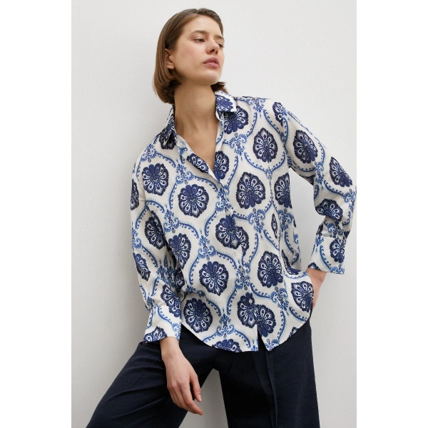 V Yaka Şal Desen Gömlek Lacivert