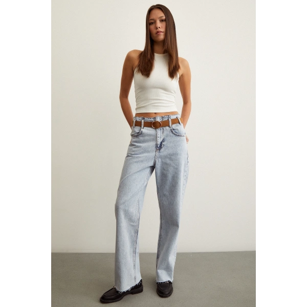 Beli Dikişsiz Kemerli Pantolon Mavi