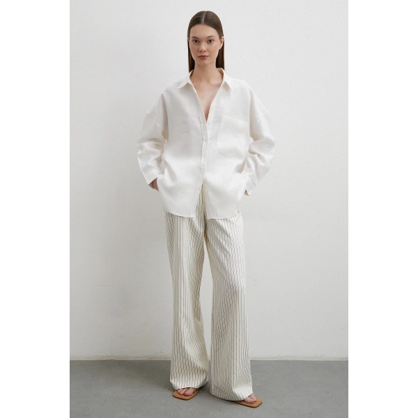 Robalı Cepli Keten Gömlek Ekru