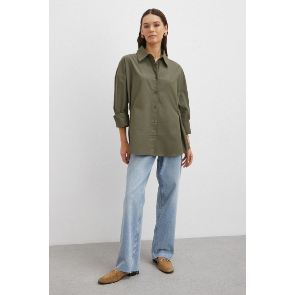 Düğme Detaylı Pamuklu Gömlek Haki