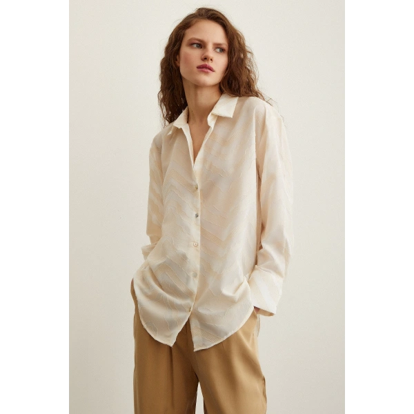 Viskon Flamlı Gömlek Krem