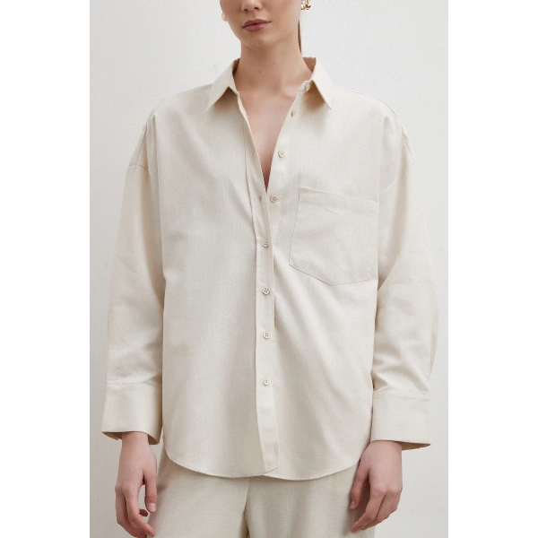 Keten Karışımlı Dökümlü Gömlek Bej