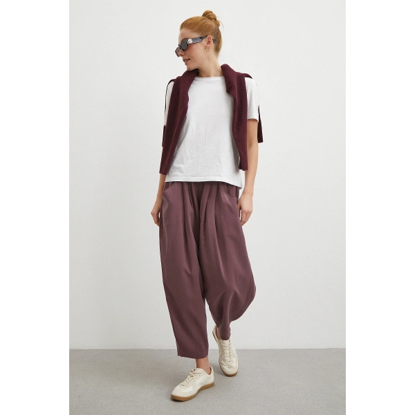 Bağcıklı Beli Lastikli Pileli Pantolon Mürdüm