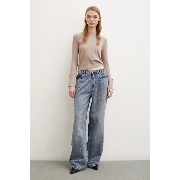 Kollu Düğmeli Bluz Vizon