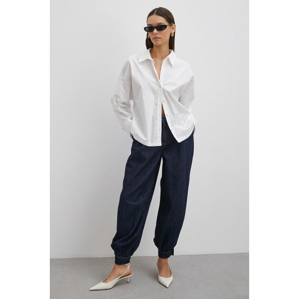 Paçası Düğmeli Yüksek Bel Mom Jean Lacivert