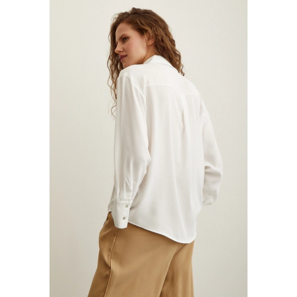 Likralı Saten Gömlek Ekru