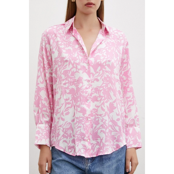 Desenli Gofret Saten Gömlek Pembe