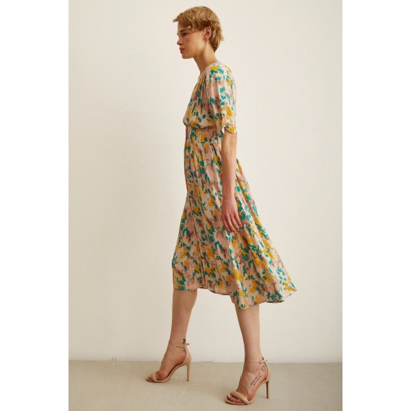 Çiçek Desen V Yaka Elbise Sarı