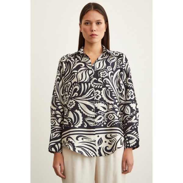 Renkli Baskılı Poplin Gömlek Mavi