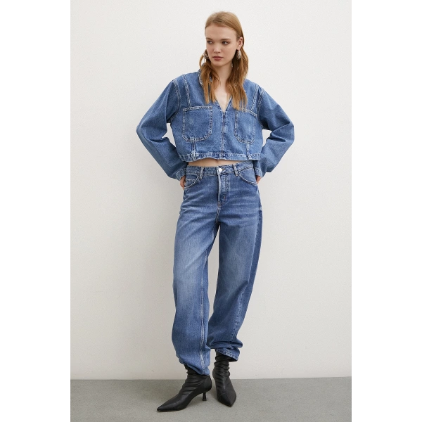 Yüksek Bel Düğme Kapamalı Mom Jean Mavi