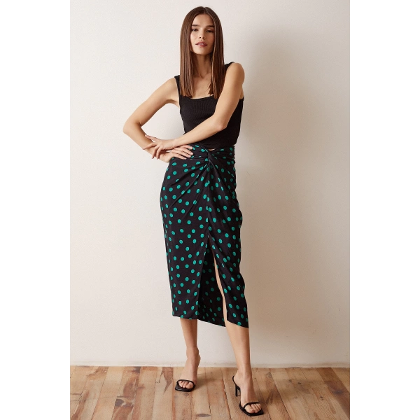 Desenli Kruvaze Etek Koyu Yeşil