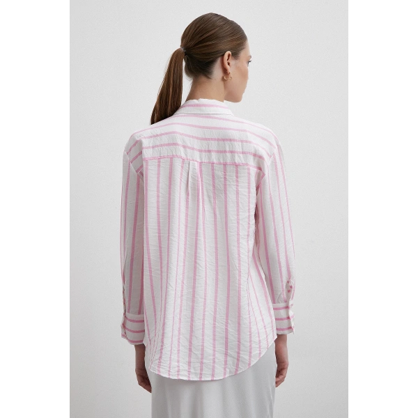 V Yaka Çizgili Modal Gömlek Pembe