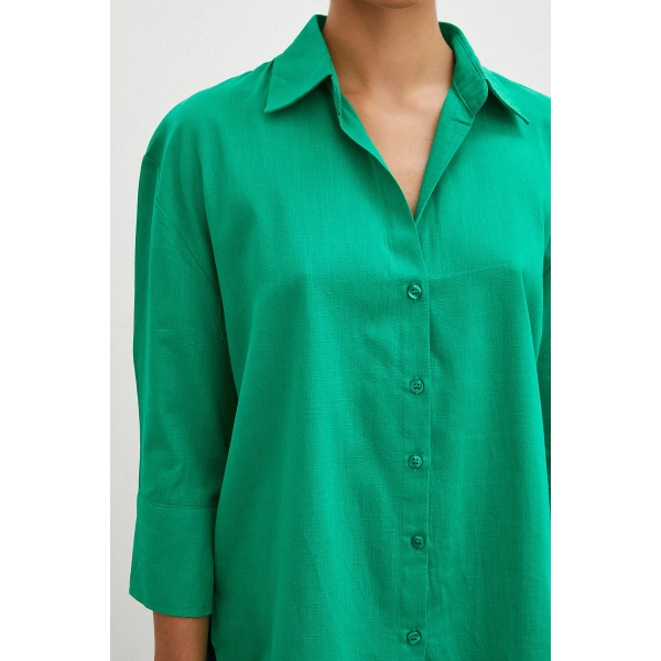 Geniş Manşetli Keten Gömlek Yeşil