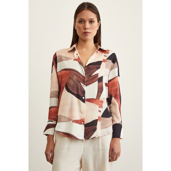 Taş Desen V Yaka Gömlek Kahve