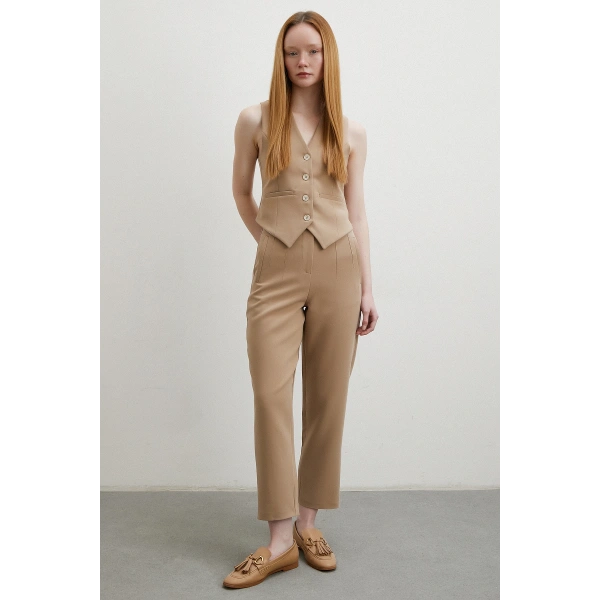 Önü Pensli Skinny Kumaş Pantolon Vizon