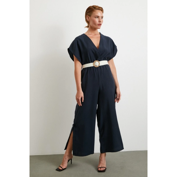 Kemer Detaylı Yarasa Kol Tulum Lacivert