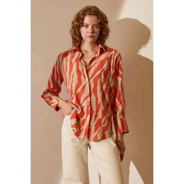 Zebra Desen Modal Gömlek Zebra Desen Turuncu