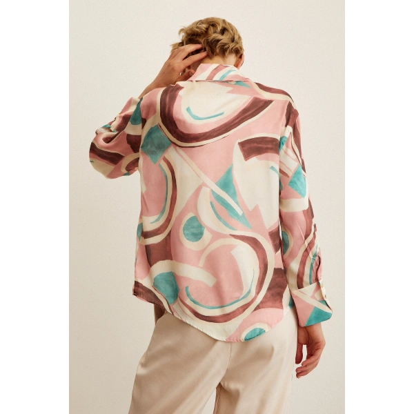 V Yaka Desenli Saten Gömlek Pembe