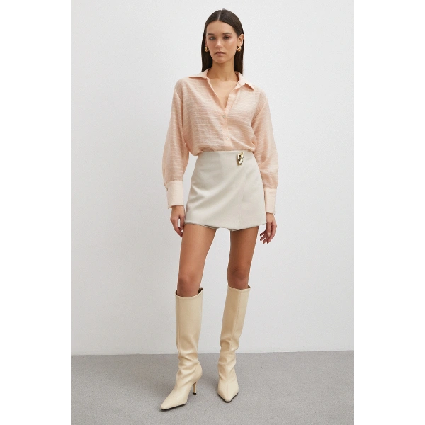 Kabartma Çizgili Gömlek Pudra