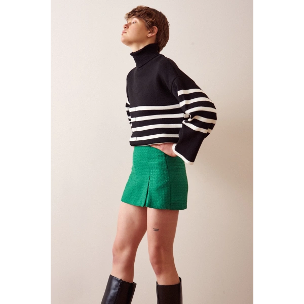 Yırtmaçlı Tweed Şort Etek Yeşil