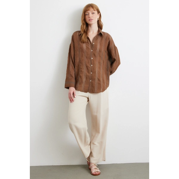 Organze Çizgili Gömlek Kahve